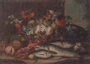 unknow artist Still life of a basket of flowers,fruit,lobster,fish and a cat,all upon a stone ledge Sweden oil painting artist